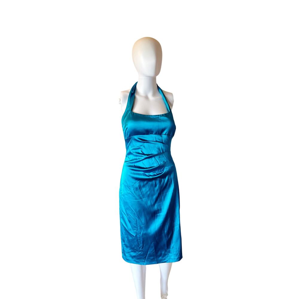 Cache Blue Halter Cocktail Dress Size 8 Satin Sheath Made in USA